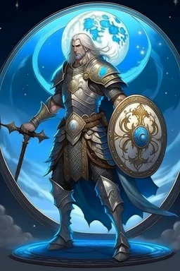 Please create an image for a 30-year old aasimar male with silver hair and a short, square beard and blue eyes but no explicit celestial features. He is a cleric, and standing in the moonlight wearing plate armor and wielding a shield and a warhammer. His equipment carries motifs of the crescent moon