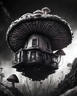 A singular weird floating mushroom house in space. black white and apex color palette, Dark cosmic galactic interstellar. Detailed Matte Painting, deep color, fantastical, intricate detail, splash screen, hyperdetailed, insane depth, concept art, 8k resolution, trending on Artstation, Unreal Engine 5, color depth, backlit, splash art, dramatic, High Quality Whimsical Fun Imaginative unusual, good composition