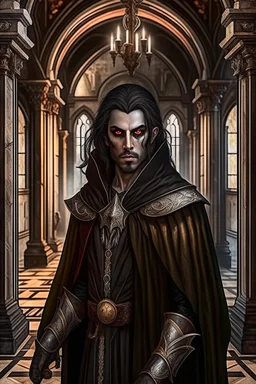 full length, mantle, background dark hall with columns, black cloth, spear in left hand, dark green eyes, the character is not too close to the camera