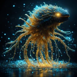 bioluminescent water creature, covered with glowing crystals, glowin golden particles in air, bright colors, glowing sparkle particles, dark tone, sharp focus, high contrast, 8k, incredible depth, depth of field, dramatic lighting, beautifully intricate details, clean environment, epic dynamic scene, photorealistic cgi