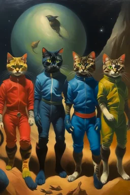 1970's dark fantasy cover dnd style oil painting of cats with sport outfits with minimalist far perspective. Magazine.