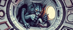 gritty air brush 3d with pen outline, vampire space loab spider lion cat holding a human in its grip, pin hole cam in doll house space ship, in the style of HR GIGER, ESCHER