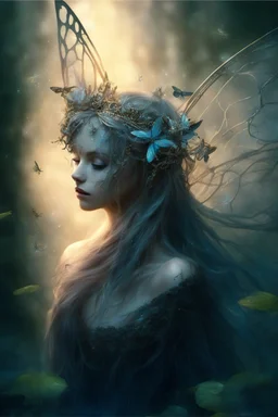 Blonde gold hair , , dark Fairy wings,long hair,water lilies,dark fairy princess,nymph,elven crown,dragonflies,tiara,,gothic,glitter,rapunzel hair, very long hair, sparkle