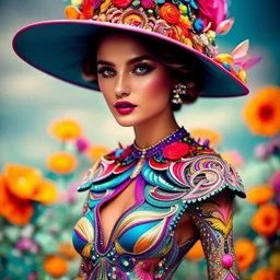 Hermosa mujer con sombrero y vestido coloridos, calidad ultra, hiperdetallado, increíble obra de arte, maximalista,12k