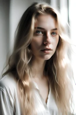 Deep photo, depth of field, shadows, portrait of hot girl, Russian, 21 years old, Instagram, influencer, blonde long messy hair, very light grey eyes, shirt, white background