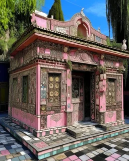 A rosy pink magical voodoo house in a district designed in ancient Greek mosaics painted by Walter Sickert