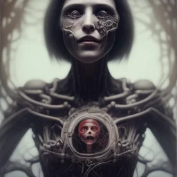 a cute smiling girl with her mother, red tattoo in the face, hr giger, steam punk, scary, horror, realistic, made in octane, cinematic, movie, CGI, ultra-realistic, extremely detailed octane rendering, 8K, VRAY Super Real ar 2:3, dof photorealistic futuristic 50mm lens hard lighting dark gray tintype photograph, realistic lighting, sephia colors