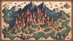 Бумажная карта в средневековом стиле с нарисованными горами равнинами и 3 замками и различными адскими местами на ней вид сверху 2d pixelart пиксельный