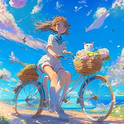 A girl is riding a bicycle on the beach. His cat is sitting in the front basket of the bicycle. Spring flowers can be seen everywhere. Beautiful blue sky with white clouds - kites in the sky. sense of peace. digital art, anime, 8k, full details