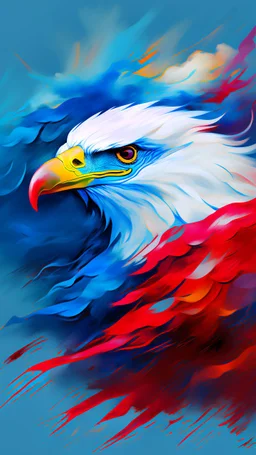 Painterly. Abstract. A violates in blue silk raiments. Anomalous red cloud issuing forth from the heart. Simple yet majestic American Eagle head