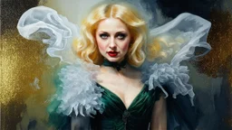 old worn plain canvas, grunge, layered, embossed, double exposure, artistic luminous watercolor, glitter, midground, luminosity, highlights, gold highlights, dark grey green highlights, portrait of victorian gothic platinum blonde woman, red lips, fluffiness, wind, airy fluttering dress, swirls, layered, blending, textured, 3D, 8K, best quality, fine rendering, high detail, hyperrealism, high resolution, high definition, layered, pin sharp, hyperfocus, vignette