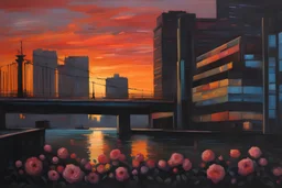 Sunset, flowers, cyberpunk influence, henry luyten impressionism paintings