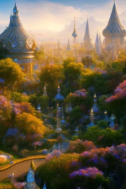 landscape, city of the elves, rose, gold, very blue sky, crystal domes, glistening oiled shiny, intricate, Exquisite details and textures, highly detailed, digital painting, artstation, concept art, sharp focus, nature background, illustration, 8k, by stability ai, nvidia