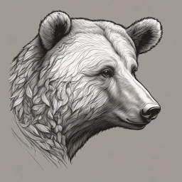 funny bear head from profile, extreme low detail sketch with strong contrast, monochromatic outline stamp