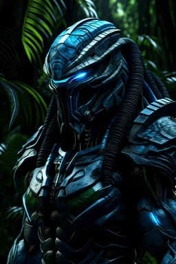predator zed in nanosuit, jungle, (Armored Blue skin cracked:1.4), hdr, (intricate details, hyperdetailed:1.16), whole body, piercing look, cinematic, intense, cinematic composition, cinematic lighting, color grading, focused, (dark background:1.1), hdr, hd