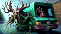 lovecraftian styled resurrected deerp seeks revenge on the Lady driving the Budget Moving Van