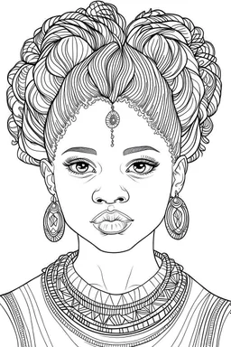 african girl face coloring page with beautiful hairstyle