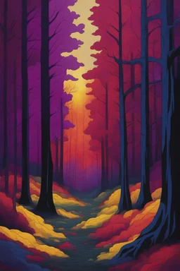forest in dark red and purple and yellow trees and dark green and dark blue colors only, thin lines draw style , Busch painting style nightmare