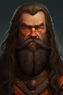 Portrait of a fantasy Warrior, no helmet, middle age, dwarf, long Brown hair