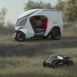 An electric recreational vehicle, an autonomous concept vehicle, which turns from a vehicle into a small house