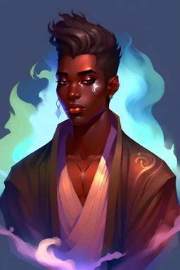 Male Air genasi fra d&d with black skin smoke some hair an Asian skin ghostly appearance with a Smokey undertone