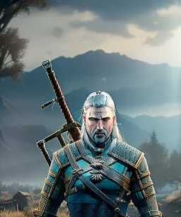 The Witcher, Geralt of rivia, full body, dramatic lighting, hyper realistic, unreal engine 5