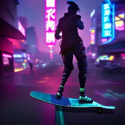 photo of a ninja riding a skateboard; dragon; in an alternate universe in tokyo; cyberpunk; realistic; rain; neon signs