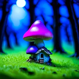 "Close up of a wonderful tiny Mushroom Tower home. Magenta and indigo with bright white, deep black and contrasting tones of gray magenta and violet colors. Illuminated bioluminescent forest. Professional painter, master at composition. small but detailed. broken, blurred background, voluminous lighting"