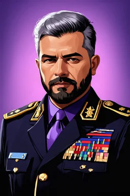 cg art portrait of adult man in military uniform in black and violet colors gray hair and beard