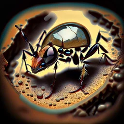 an ant under magnification, old school, paiting