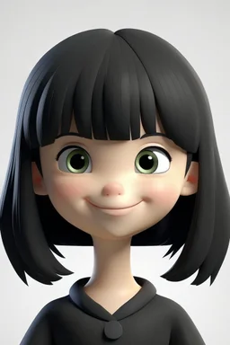 3D Cute girl smiley with medium black hair with bangs