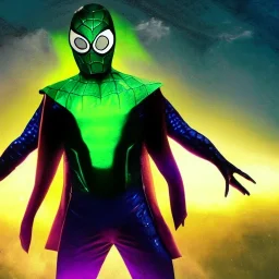 Kevin Bacon as Mysterio, Marvel, Green mist, dead spider man, MCU Multiverse, Zombie Avengers, Purple Background, Green clouds, Mist in helmet, Evil Dead Cabin, Necronomicon Book,