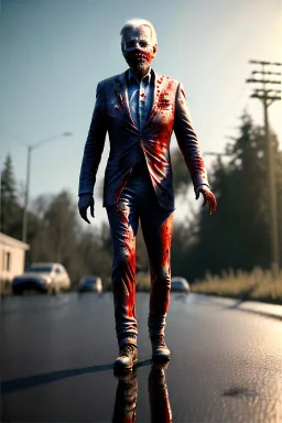 Ultra realistic image, joe biden zombie, zombie performance, blood, torn arm, night, walking twisted, waist up view, walking dead style, dark ambient, highly detailed, sky background, concept art, unreal engine 5, god rays, ray tracing, RTX, lumen lighting, ultra detail, volumetric lighting, 3d, finely drawn, high definition, high resolution.