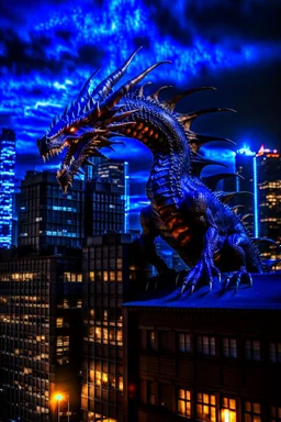 black dragon on top of a high rise building at night