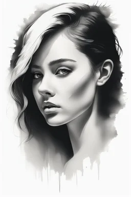 A realistic drawing in negative space black ink on white background of a beautiful girl with clear white face, all picture is bright white