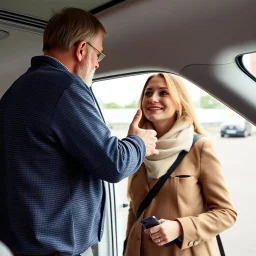 Father say goodbye to his daughter while she is leaving with a suip