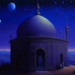 A violet cosmic Arabian palace with an observatory in the starry sky painted by Caspar David Friedrich