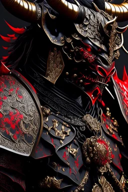 a close up of a person in armor, black bull samurai, minotaur in ancient armor, ornate armor covered in thorns, demon samurai warrior, black and reddish color armor, moon bull samurai, red demon armor, samurai armor, intricate assasin armor, black heavy armor with gold trim, anime fantasy artwork, black and red armor, minotaur warrior, demon samurai