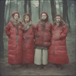4 Tsar daughters,, red, autochrome, plastic puffy jacket