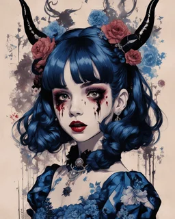 Poster in two gradually, a one side malevolent goth vampire girl face and other side the Singer Melanie Martinez face, full body, painting by Yoji Shinkawa, darkblue and sepia tones, wears a smart shirt which is embroidered with bluered flowers and ornaments, has dark eyes and horns,