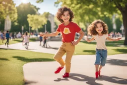 a cute chibi spanish man with short curly brown hair cropped at the back in yellow T-shirt and jeans with a cute chibi contented girl with long brown hair and brown eyes in a red elegant jumpsuit and red high heels, and a chibi girl with blonde brown hair in a beige dress dancing dynamically in Madrid in the Retino park, in sunshine, ethereal, cinematic postprocessing, airplane in the sky