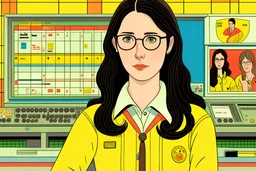 Wes Anderson cartoon of a darkhaired woman who loves programming, social media, feminism and Liverpool F.C.