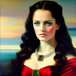 oil Portrait on canvas of busty beautiful young Sif with big crystal clear green eyes looking to viewer,realistic,intrincate detail, with ruby necklace by Adam hughes 16k