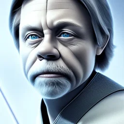 upper body photorealistic jedi mark hamill in Star Wars, sharp blue eyes, photorealistic weathered skin, short hair, dark brown jedi robe, cinematic lighting,