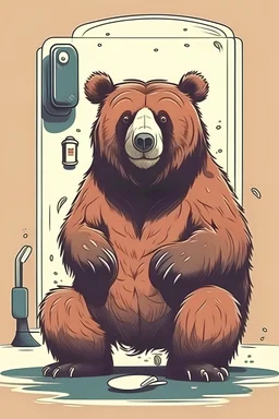 Portrait of a bear sitting in the toilet with a phone