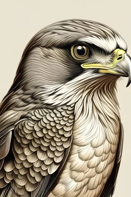 A drawn portrait picture of a falcon bird, staring forward