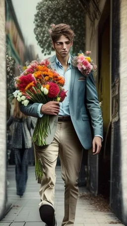 An image of a man holding a bouquet of flowers as he walks towards a woman. --auto --s2