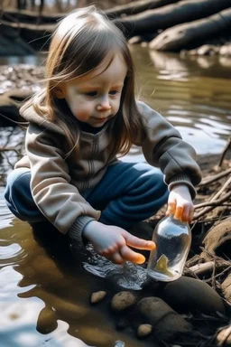 Seorang anak gadis menemukan botol hanyut di sungai