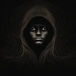 The logo you're describing appears to have a mysterious and captivating vibe. In the image, there's a person who is clearly visible but without revealing their full identity. At the center of the image is the face of this person, transitioning from darkness into light. Behind this person, there's a black background that gradually fades into darkness. The background is characterized by soft, subtle lighting that illuminates the person and reveals subtle details around them. The colors used in th