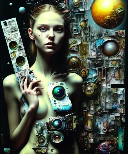 happy beautiful girl holding big proffesional camera in studio. street art, oil on canvas, spray paint, collage, letters, newspapeers, Dave McKean, Vladimir Fedotko, Saturno Butto, Vaughn Bodé, Frank Wu, James C. Christensen, collage, dirty, paint dripping, radiant